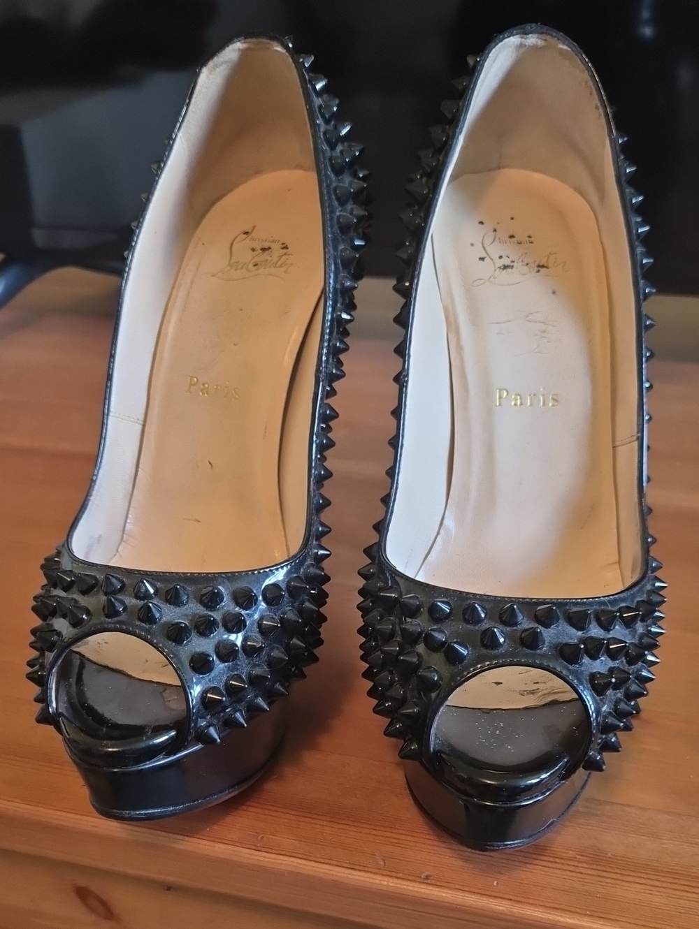 Christian Louboutin Black Spiked Patent Peep-Toe Pumps